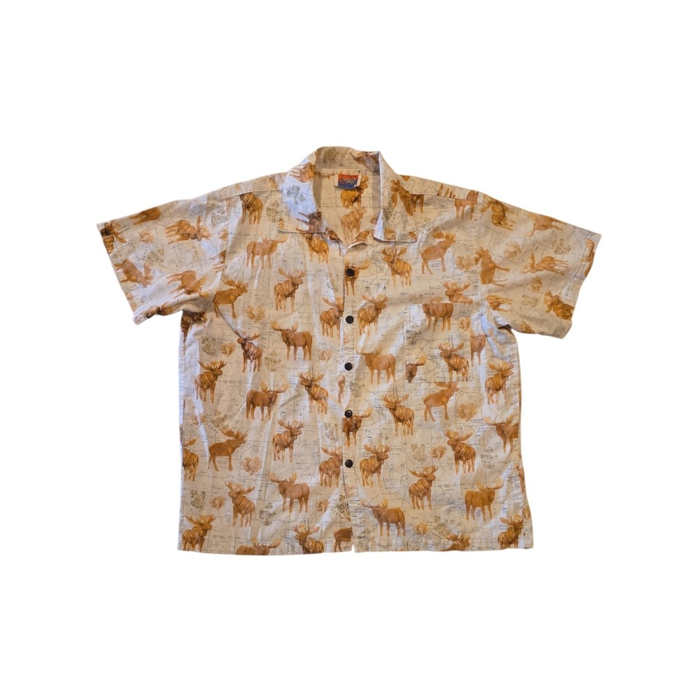 Vintage D'EM CRAZY Moose Map Shirt Mens L USA Northwest Arkansas AOP Cotton